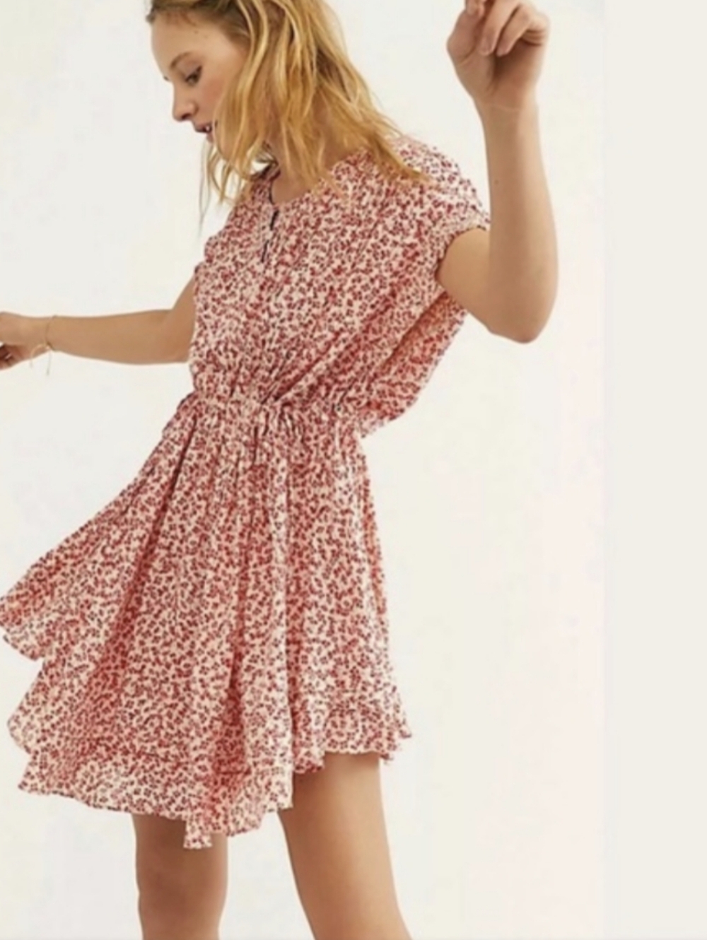Free People One Fine Day Ditsy Floral Mini Dress Sz XS Red Boho Feminine